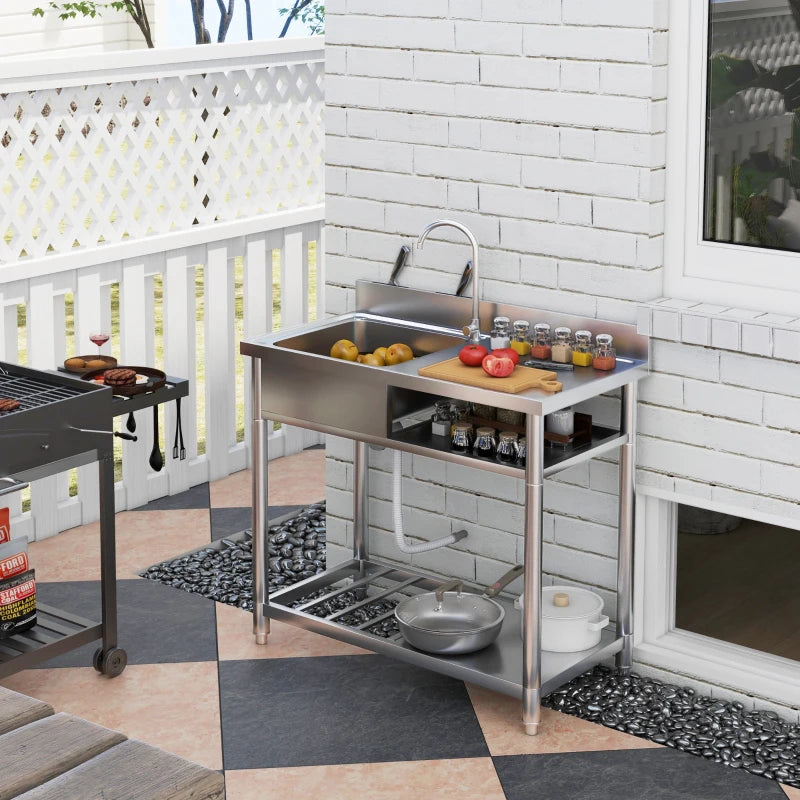 Outdoor Stainless Steel Kitchen Sink - Freestanding Single Bowl with Hot & Cold Water, Storage Shelves for Easy Access