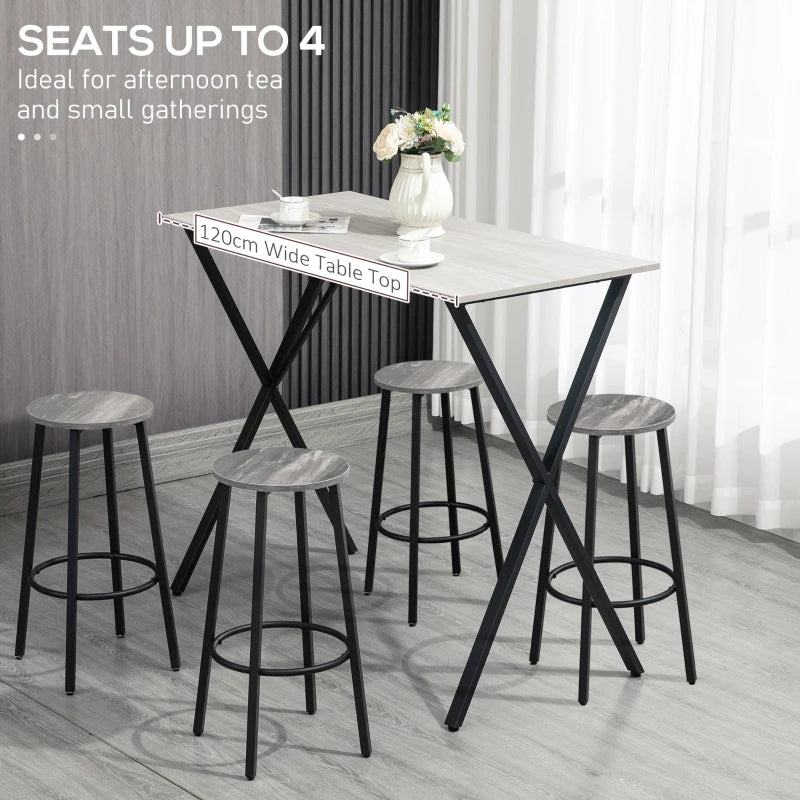 120 cm Modern Rectangular Bar Table for 4 - Wood Effect Top, Steel Legs, White Coffee Desk for Living Room