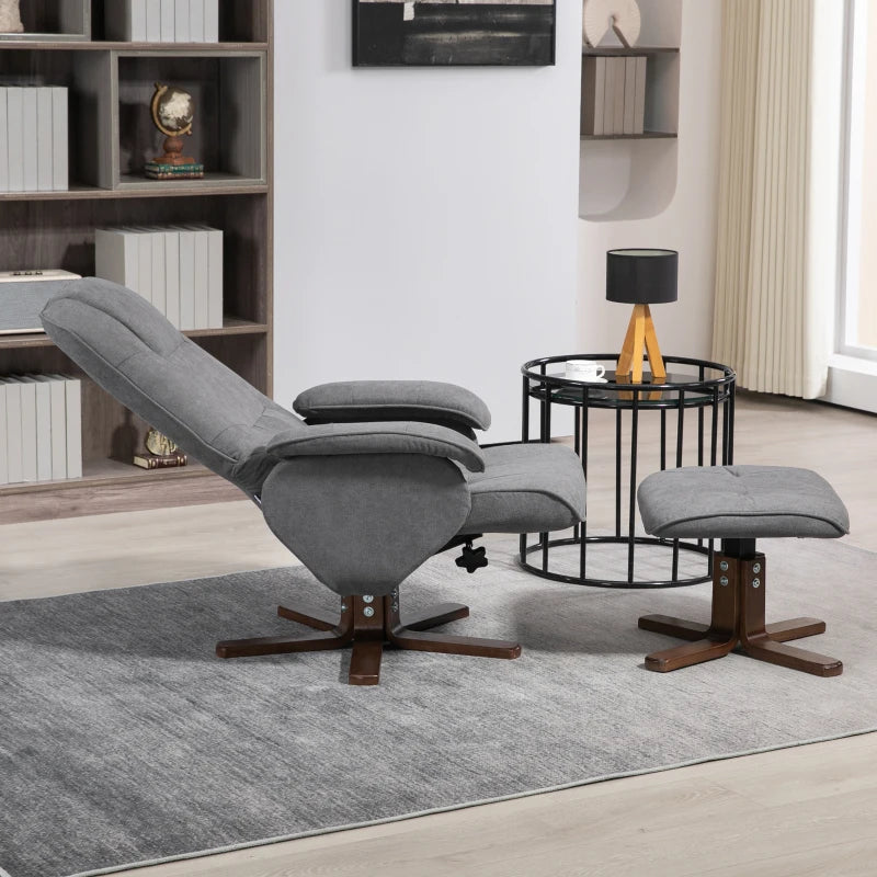 Linen Swivel Recliner Chair with Footstool - Upholstered Reclining Armchair with Wooden Base for Living Room, Grey