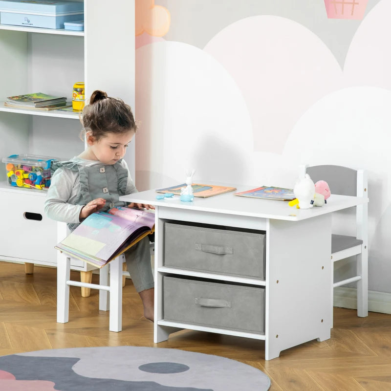 3-Piece Kids Table & Chairs Set - Mini Furniture for Playroom & Bedroom with Storage Drawers - Safe for Ages 2-4, White