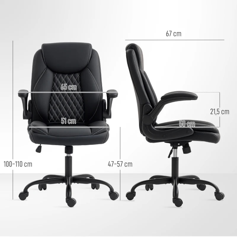 Ergonomic Faux Leather Office Chair with Flip-Up Armrests - Stylish Black Design for Comfort and Productivity