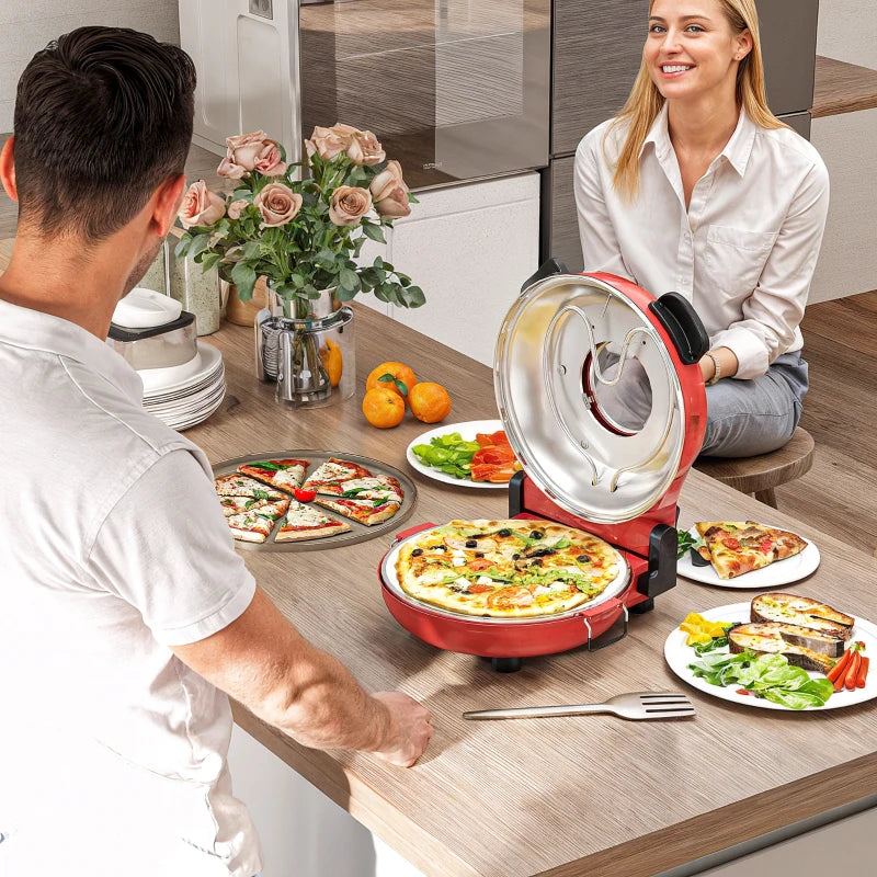 1200W Electric Pizza Oven - 12 Inch Maker with Viewing Window, Dual Temp Control, Timer & Overheat Protection - Red