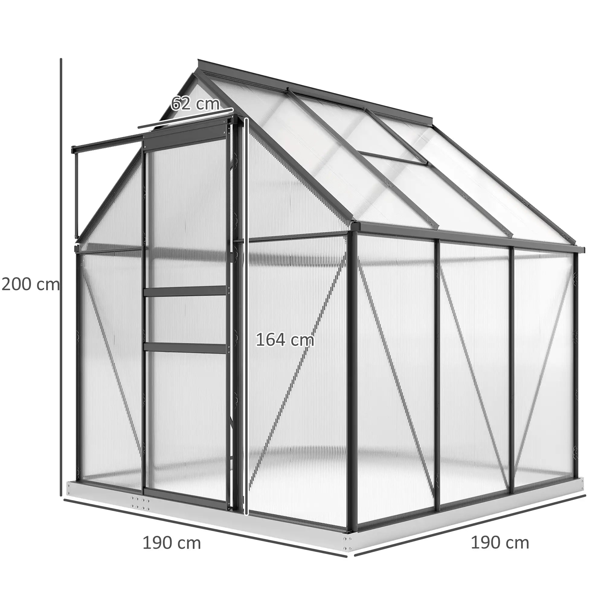 190cm x 190cm Walk-In Polycarbonate Greenhouse With Window - Grey