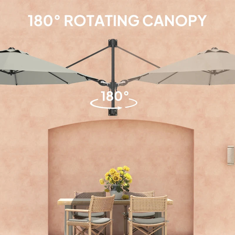 3m Wall-Mounted Parasol Shade with Handle - Light Grey Outdoor Umbrella for Patio