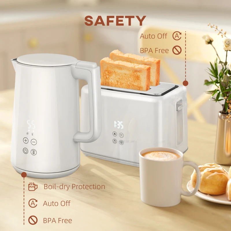 Polished Stainless Steel White Kettle and Toaster Set - Modern Kitchen Appliances for Stylish Cooking and Brewing