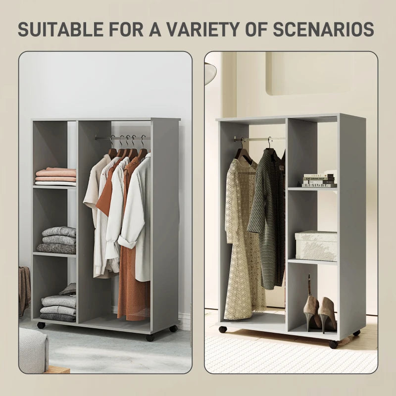 Mobile Open Wardrobe with Clothes Hanging Rail and Storage Shelves for Bedroom or Hallway Grey