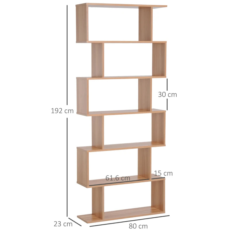 Unique 6-Tier S-Shaped Bookcase - Stylish Storage & Display Shelf for Living Room, Bedroom, Home Office, Plants - Maple Finish