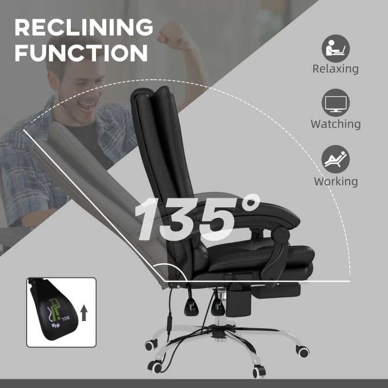 Vinsetto High Back Massage Office Chair with Heat, Reclining PU Leather Computer Chair, 135° Recline & Footrest - Black