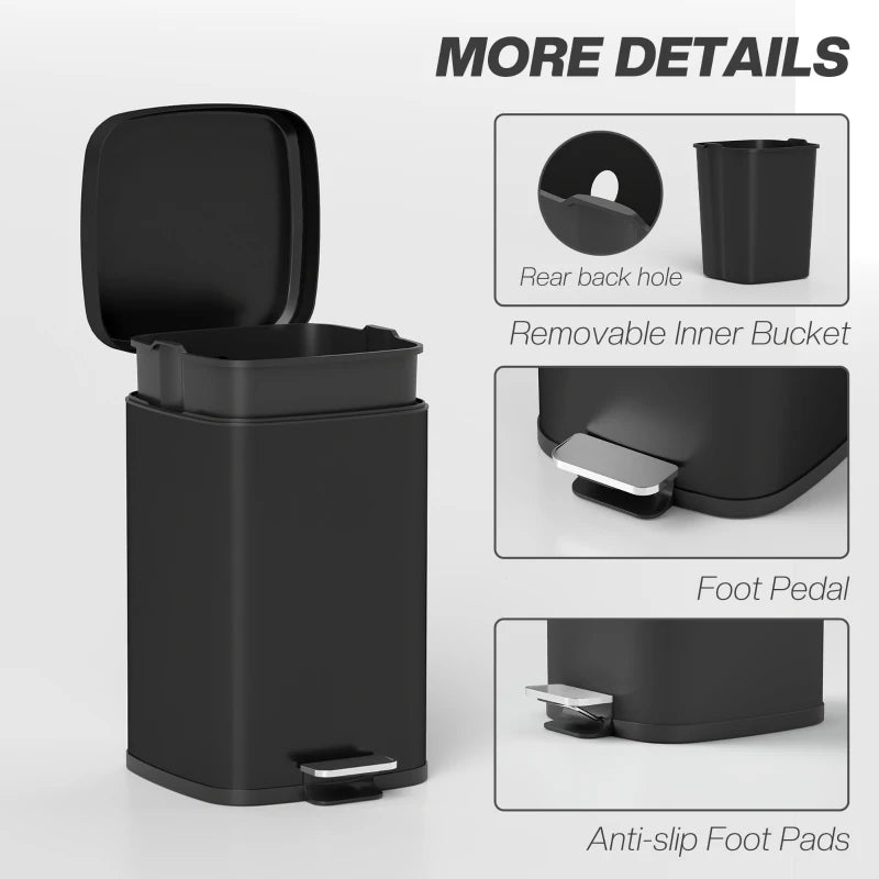 20L Modern Boxy Black Metal Kitchen Bin - Stylish Trash Can for Home Organization and Waste Management