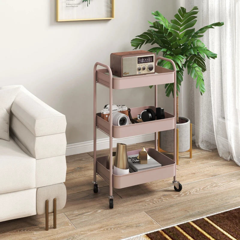 Three Tier Pink Steel Storage Trolley for Kitchen and Home Organization