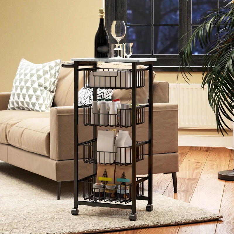 Stylish Grey/Black Four Basket Mobile Kitchen Island with Brakes - Perfect for Storage and Space-Saving Solutions