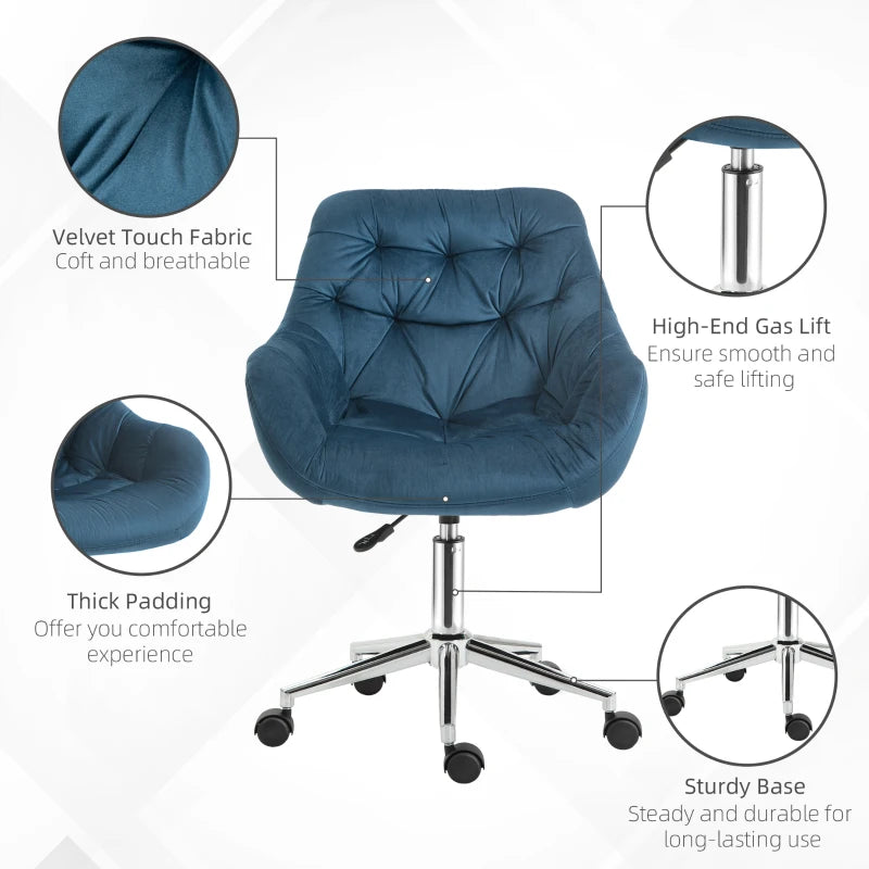 Vinsetto Blue Velvet Ergonomic Home Office Chair - Adjustable Height, Arm & Back Support, Comfy Desk Chair for Work