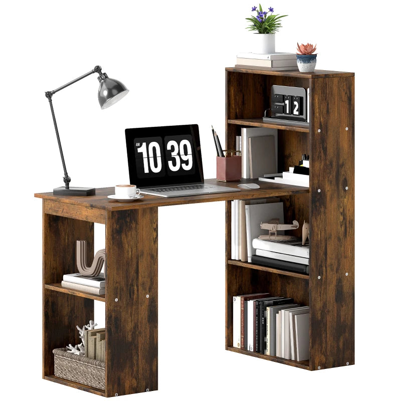 120cm Rustic Brown Wooden Computer Desk with 6-Tier Bookshelves - Home Office Laptop Table & Writing Workstation