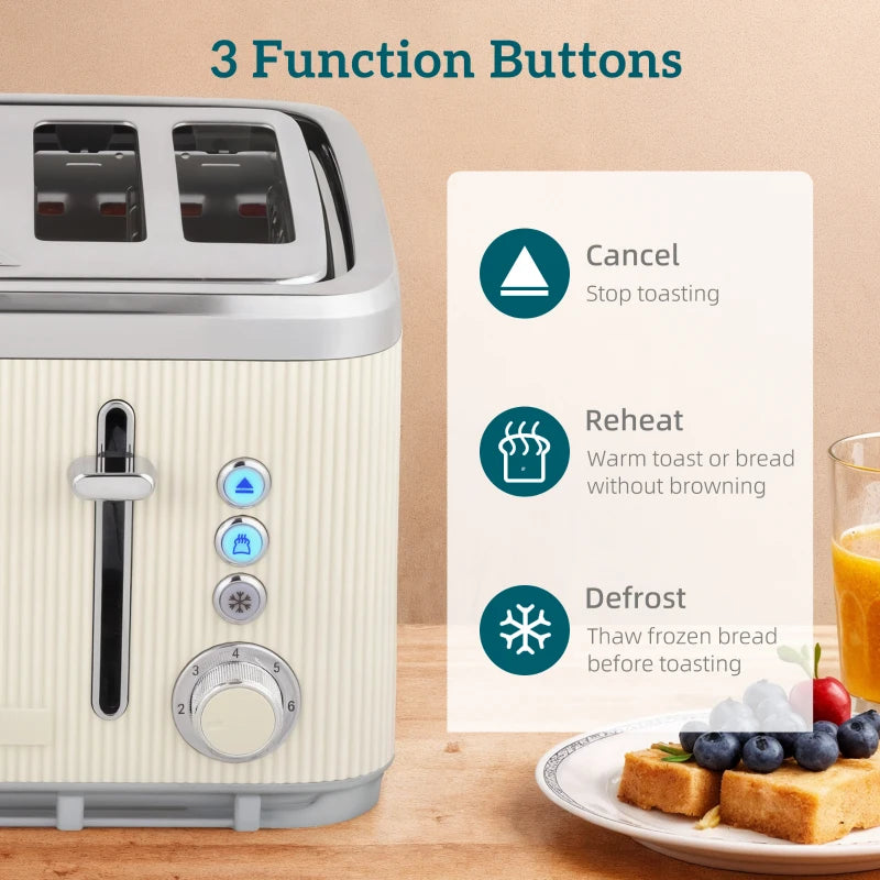 Electric Stainless Steel Kettle & Toaster Set - 3000W Fast Boil, 1.7L, UK Strix Thermostat, 4 Slice, Cream Finish