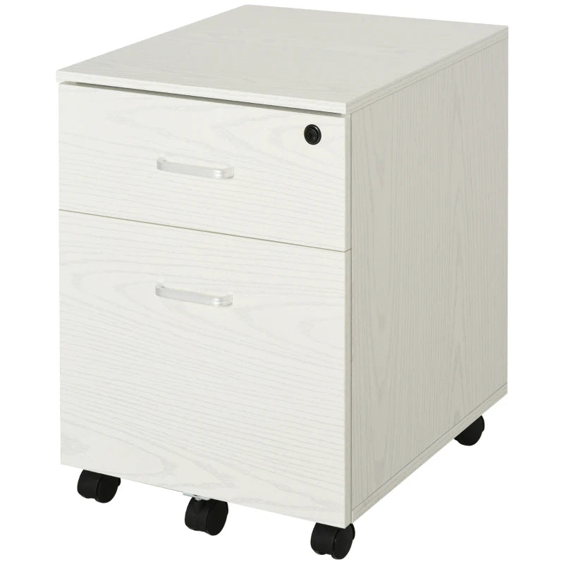 Vinsetto 2-Drawer Locking Office Filing Cabinet with Wheels - A4 Storage Cupboard for Home Organization - White Wood Grain