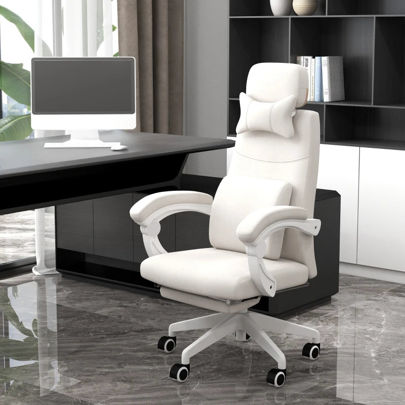Vinsetto White Linen-Look Office Chair with 160° Reclining Back and Footrest - Ergonomic Comfort for Home & Office