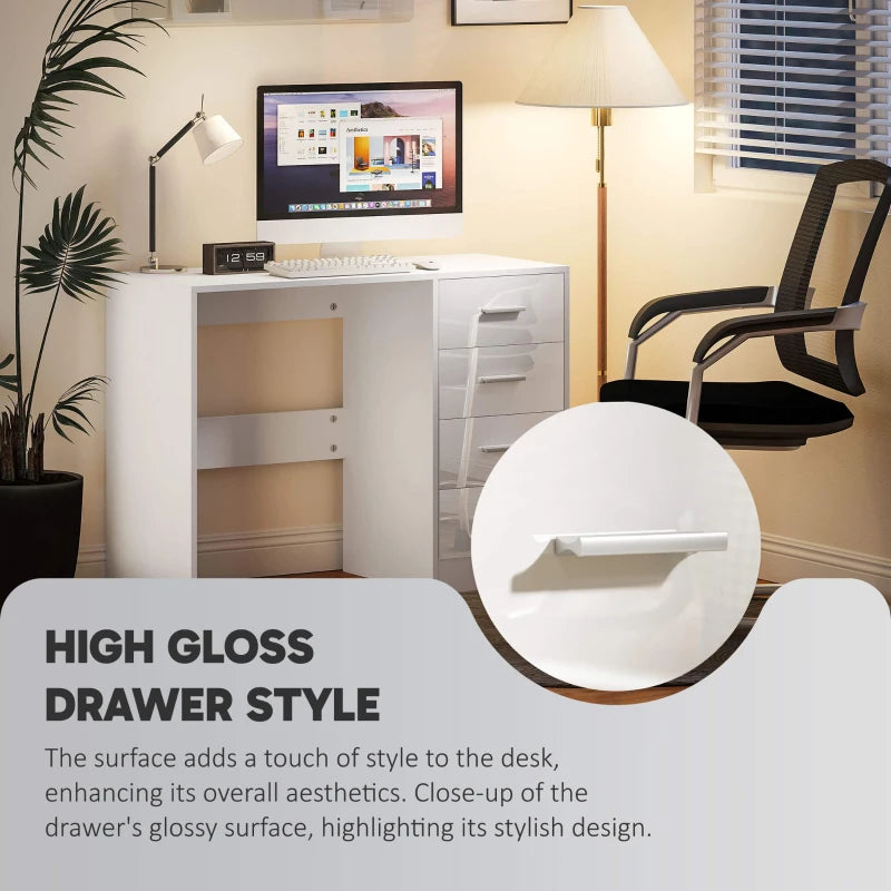 Modern White Computer Desk with Drawers - High Gloss Home Office Writing Workstation & Stylish Dressing Table