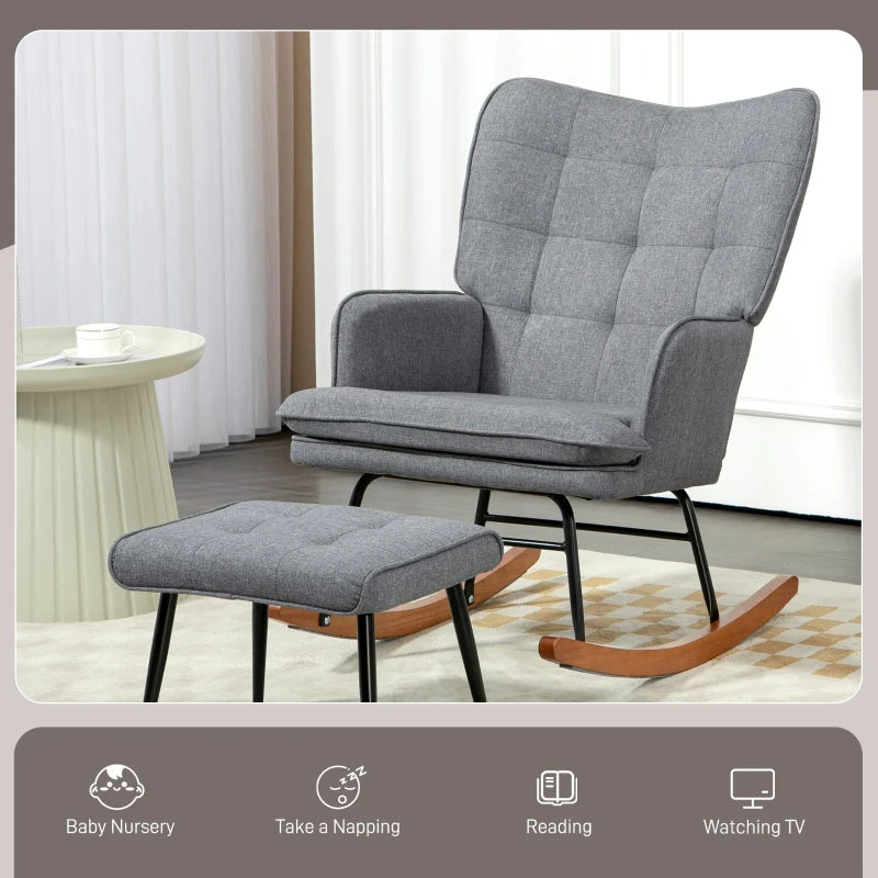 Stylish Grey Linen-Look Rocking Chair and Ottoman Set for Comfortable Relaxation