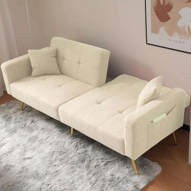 Elegant Beige Convertible Sofa Bed with Adjustable Backrest and Side Pockets, Perfect Loveseat for Bedroom, 176L x 64W x 75H cm