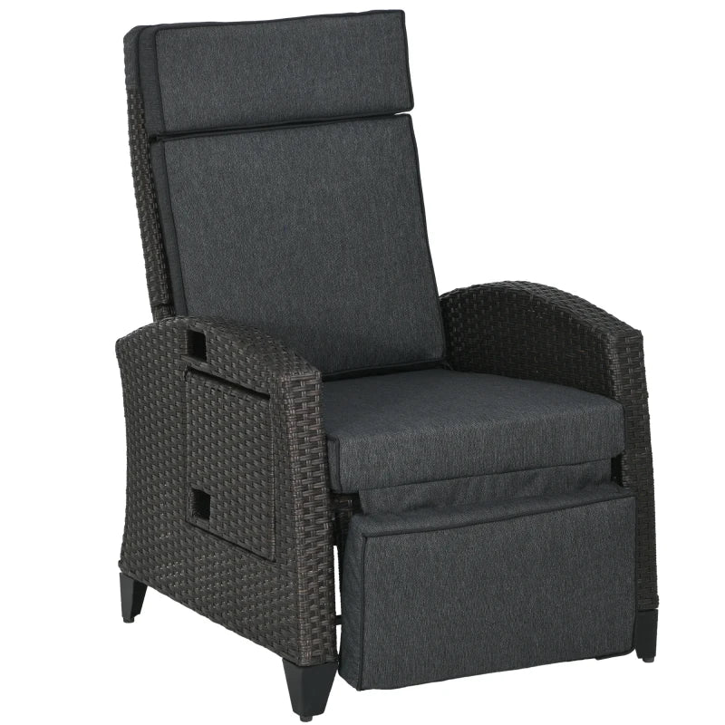 Grey Outdoor Recliner Chair with Adjustable Backrest, Footrest, Cushion, and Side Tray
