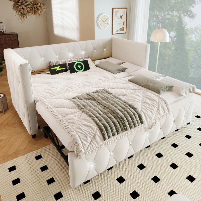 3 Seater Futon Bed with Fast Charging Ports and Removable Trundle for Overnight Guests Beige