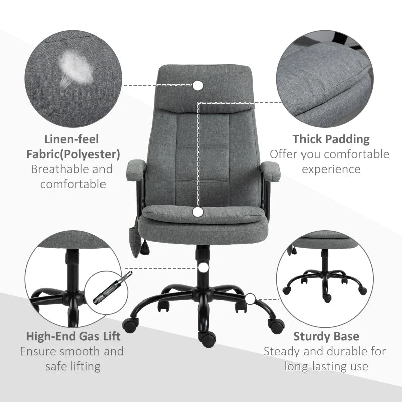 Vinsetto Grey Office Chair with Linen Fabric, 2-Point Lumbar Massage, Adjustable Height & Rolling Wheels - Ergonomic Desk Chair