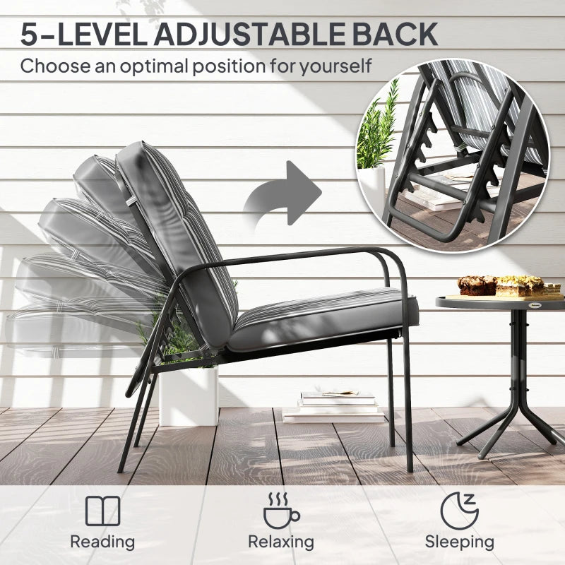 3-Piece Patio Bistro Set with Adjustable Recliner Chairs, Glass Table, Cushions - Grey Garden Furniture