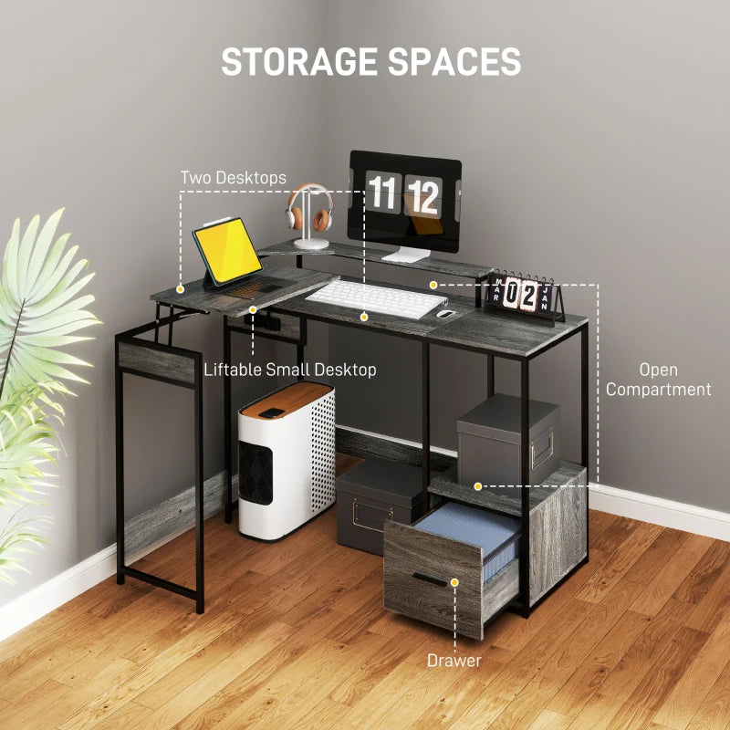 Industrial 'L' Shaped Multi-Work Desk in Charcoal Grey - Modern Office Furniture for Home & Workspace