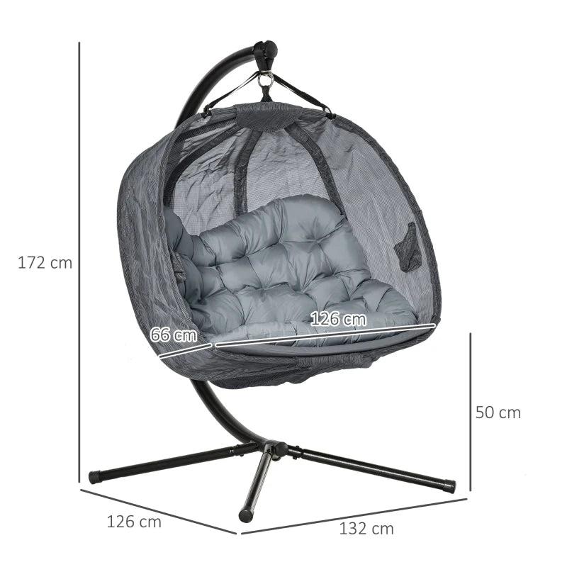 Grey Double Seater Hanging Egg Swing Chair with Stand and Cushion