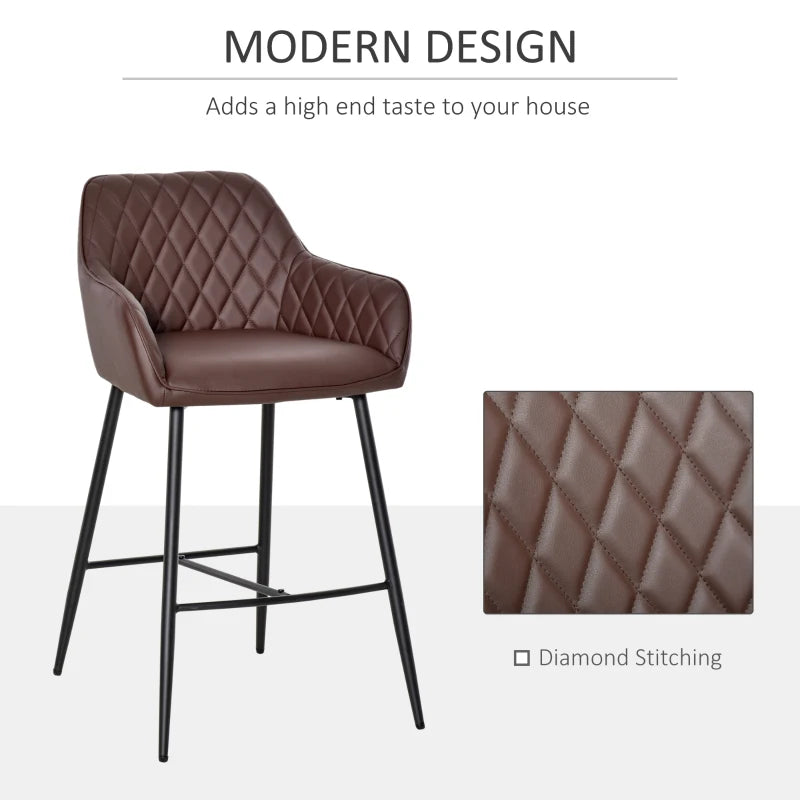 Set of 2 Retro PU Leather Bar Stools with Footrest - Stylish Metal Frame Dining Chairs in Brown