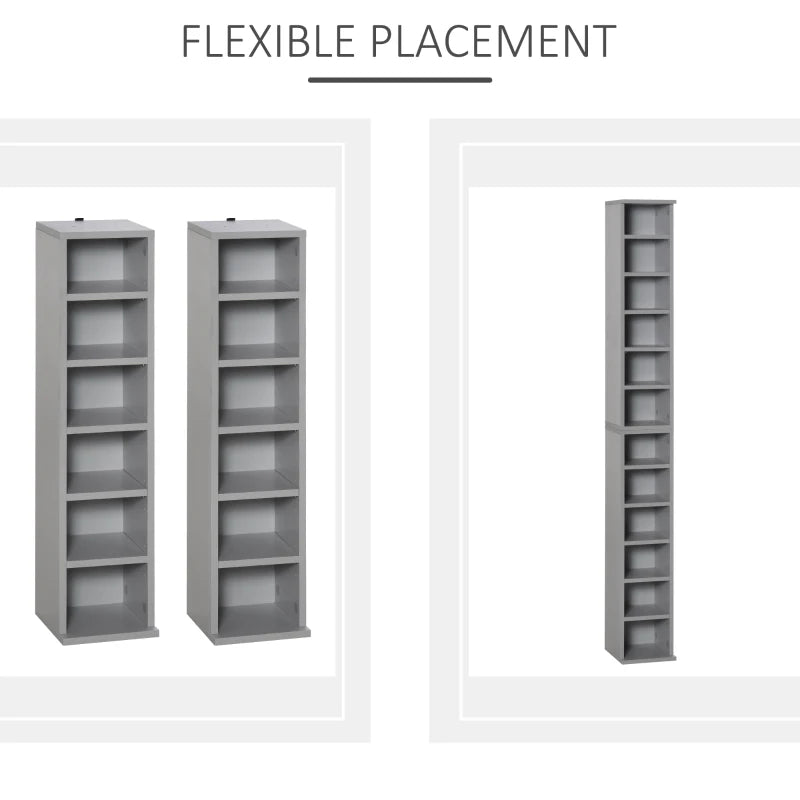 Set of 2 Grey CD Media Display Shelves - Adjustable Blu-Ray Tower Rack & Bookcase Storage Organizer