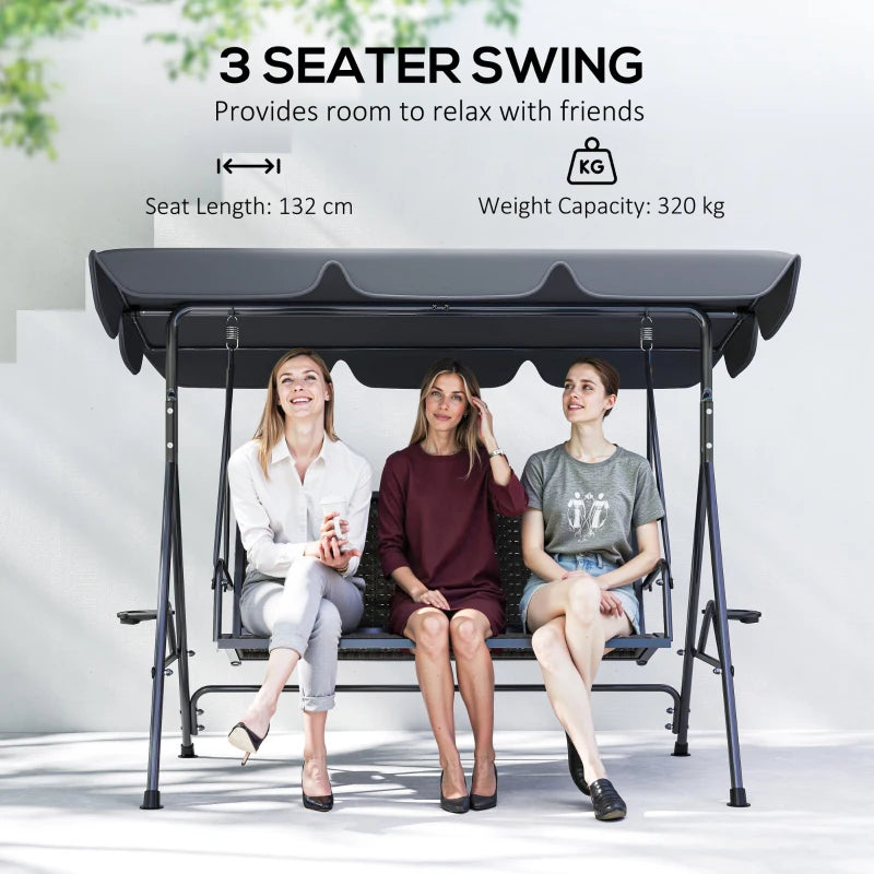 3 Seater Garden Swing Chair with Adjustable Canopy, Rattan Seat & Steel Frame, Grey