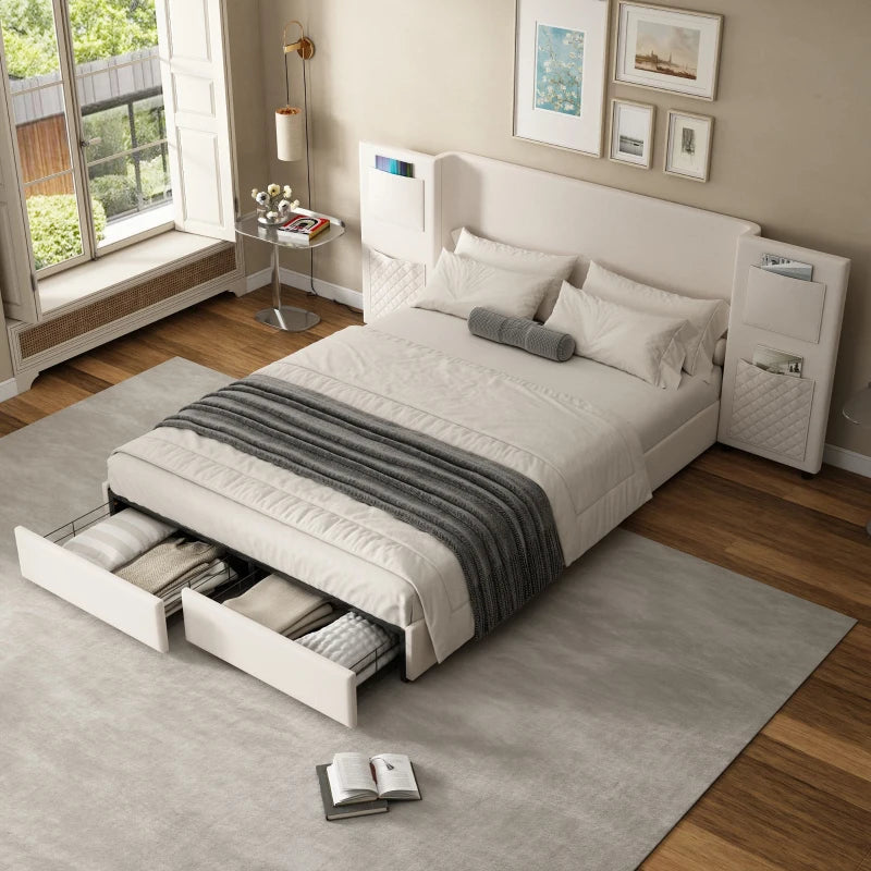 Beige Upholstered Double Bed Frame with Storage Drawers & Headboard Pockets - Velvet & Plywood, 229L x 222.5W x 87.5H cm