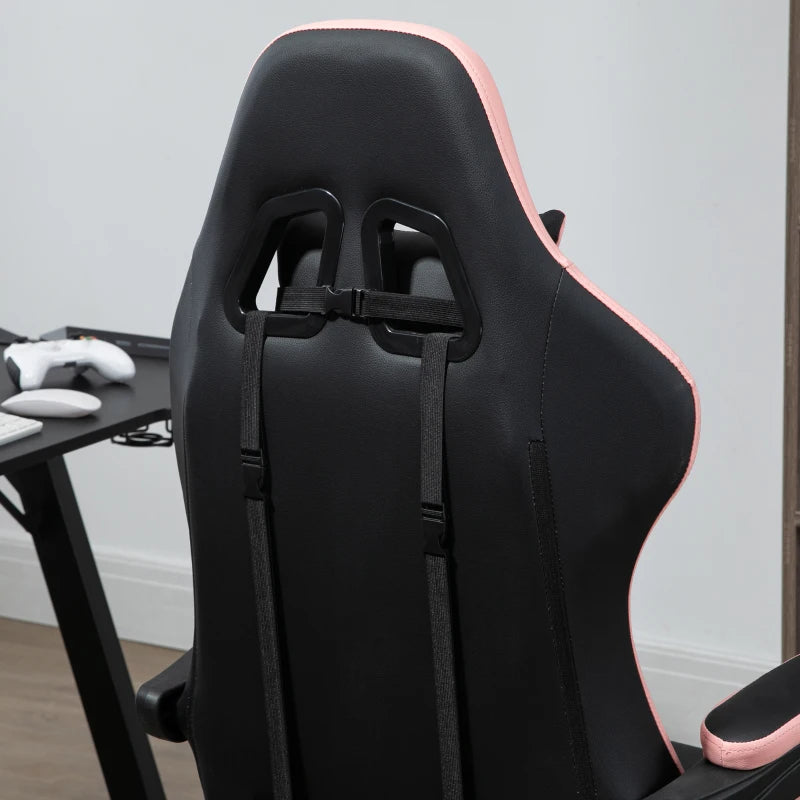 Vinsetto Gaming Chair with Footrest - PU Leather Office Desk Chair, 135° Recline, Lumbar Support, Headrest, Black & Pink