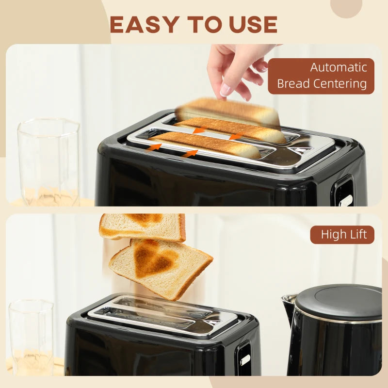 Polished Black Stainless Steel Kettle and Toaster Set - Stylish Kitchen Appliances for Modern Homes