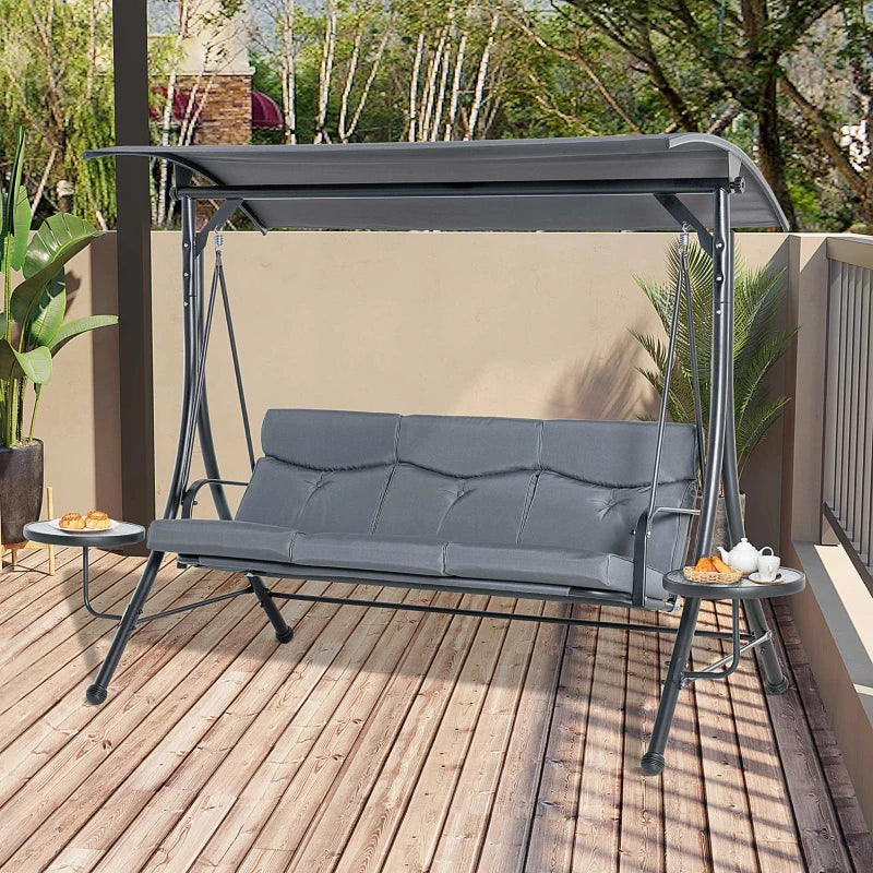 Grey 3-Seater Garden Swing Chair with Adjustable Canopy, Cushion, and Coffee Tables