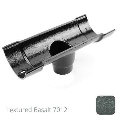 115mm (4.5") Beaded Half Round Cast Aluminium Double Socket Running Outlet with 63mm outlet pipe - Textured Basalt Grey RAL 7012 - Trade Warehouse