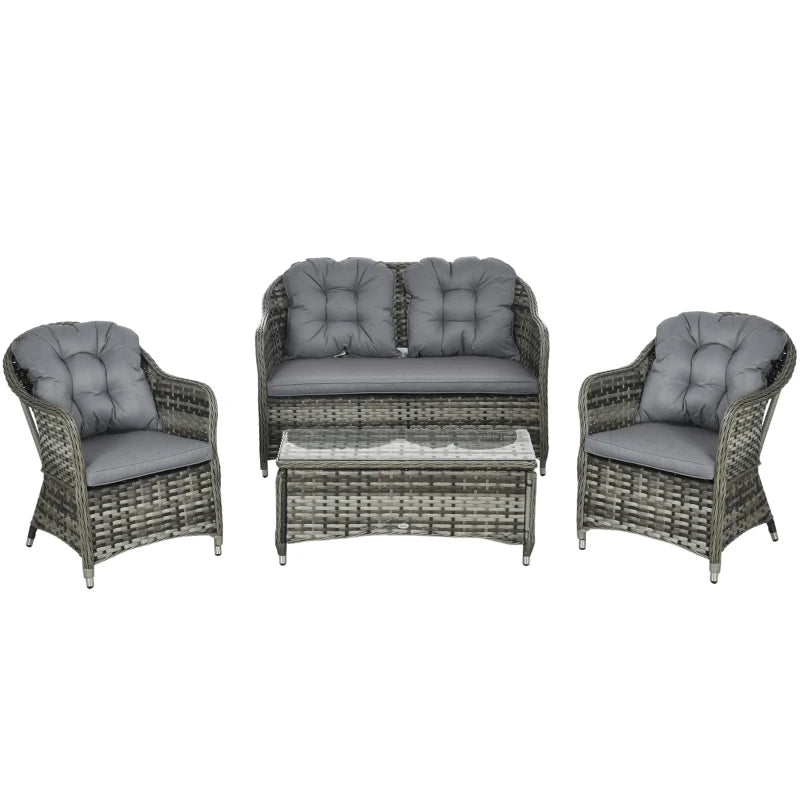 Grey 4 Piece Rattan Furniture Set With Glass Top Coffee Table