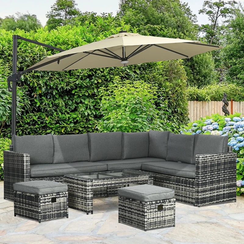 Grey 8-Seater Rattan Corner Sofa with 3 Cushioned Loveseats + 2 Footstools and Table