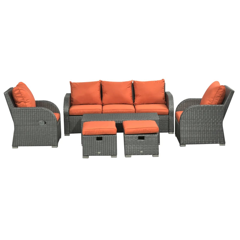 3-Seater Orange Cushioned Rattan Sofa With 2 Armchairs and 2 Footstools + Coffee Table