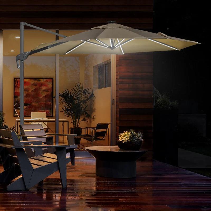 Khaki 3m Adjustable Parasol With LED Solar Lights