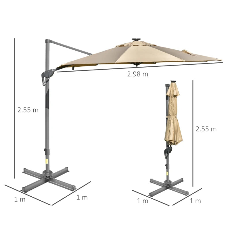 Khaki 3m Adjustable Parasol With LED Solar Lights