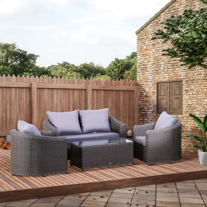 Grey Round Rattan Garden Furniture Set with Armchair, Loveseat & Glass Top Coffee Table