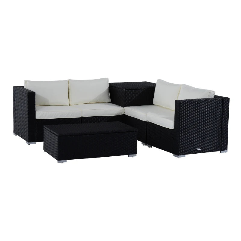 Black 4 Seater rattan Sofa With Cream Cushions And Storage Coffee Table