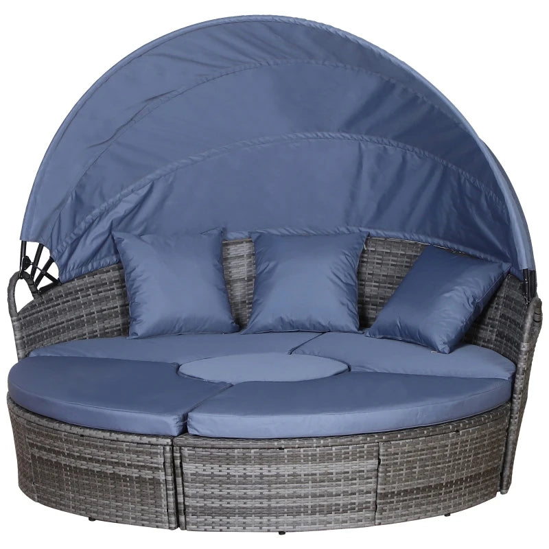 Grey Rattan Round Sofa Bed with Cushions and Retractable Canopy