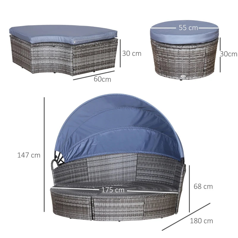 Grey Rattan Round Sofa Bed with Cushions and Retractable Canopy