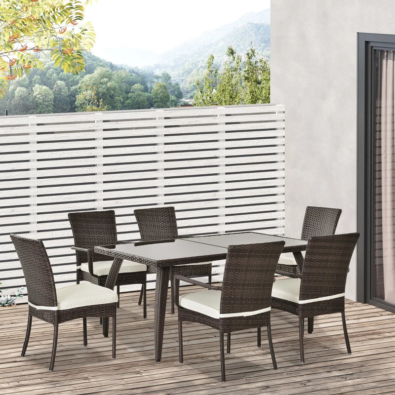 Brown 6 Seater Rattan Dining Set With Grey Cushions
