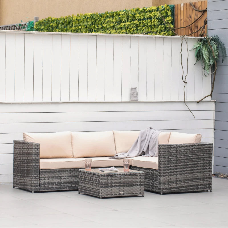 Beige 4 Seater Rattan Corner Sofa Chair Set with Coffee Table