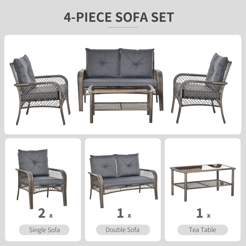 4 Piece Patio PE Rattan Wicker Sofa Set With Two Tier Coffee Table & Cushions