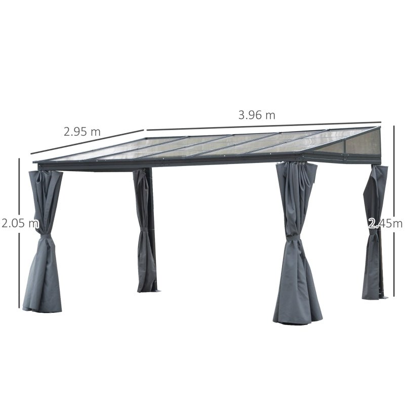 4 x 3m Grey Aluminium Garden Pergola: Outdoor Hardtop Gazebo with Polycarbonate Roof, Sun Shade Shelter, and Curtains - Trade Warehouse